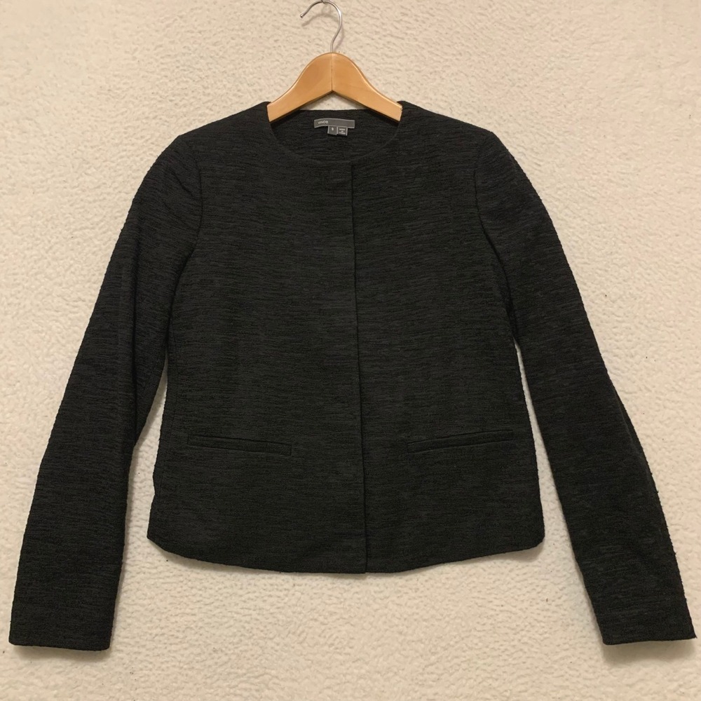 Vince Textured Collarless Blazer Jacket Womens S Snap Button Cotton Blend Black